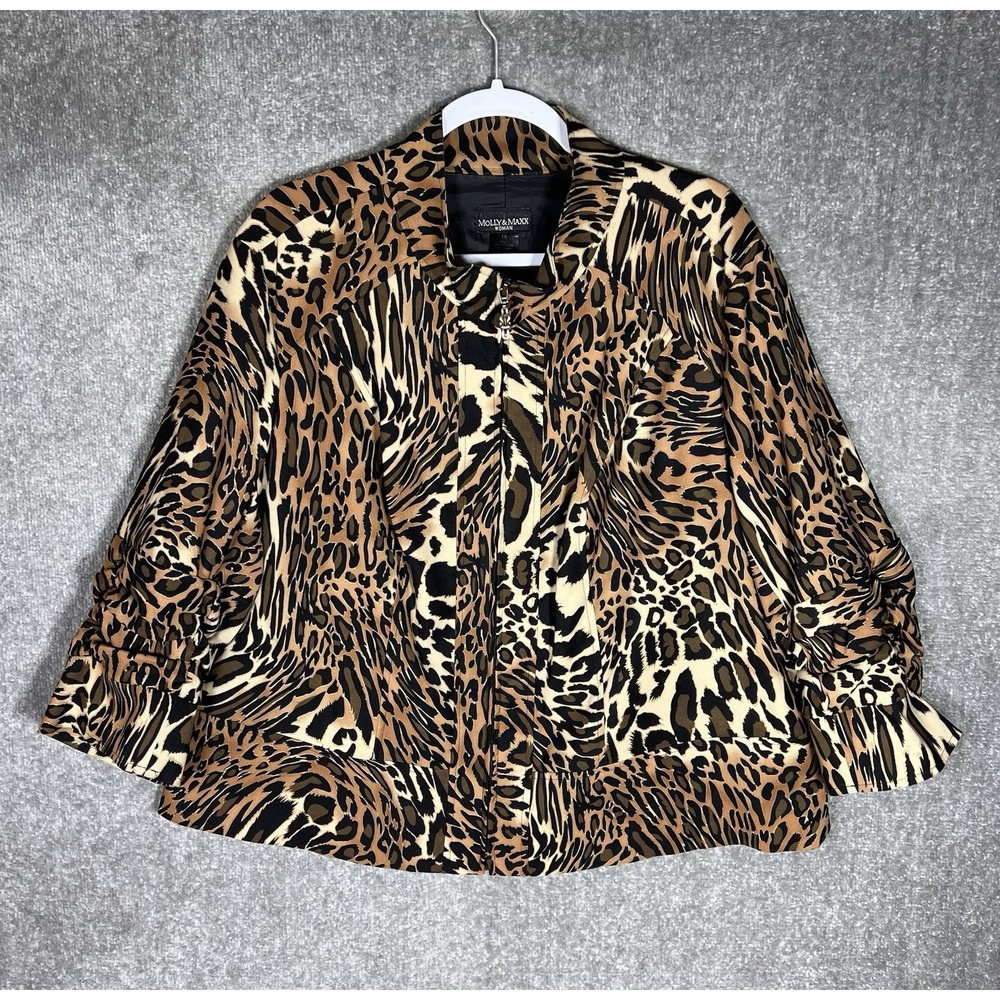 Molly & Maxx Zip Up Jacket Womens Size 1X Brown Black Beige Animal Print Stretch